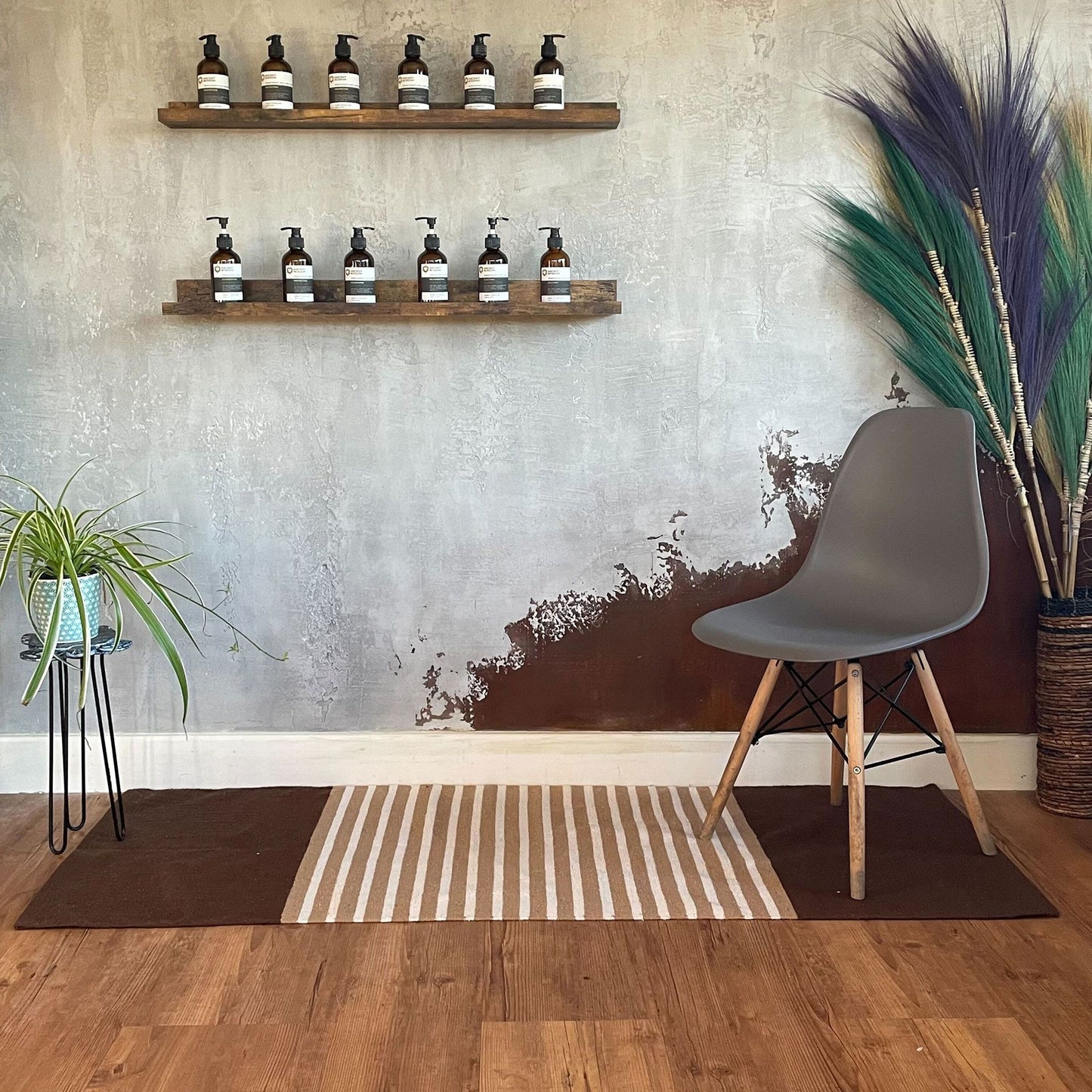 Handgewebter Baumwollteppich in Dunkelbraun-Beige | 70x170 cm