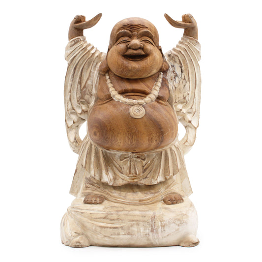 Handgeschnitzte Buddha-Statue aus Suarholz, naturweiß, 40 cm - Hände oben