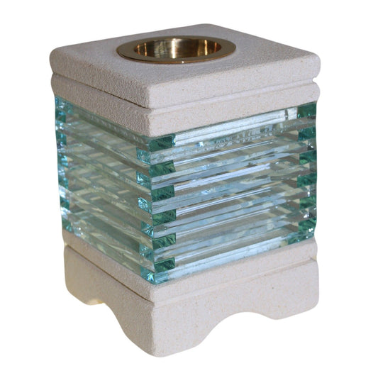 Handgeschnitzte Sandstein-Duftlampe mit quadratischem Glaseinsatz - 10 einzigartige Designs