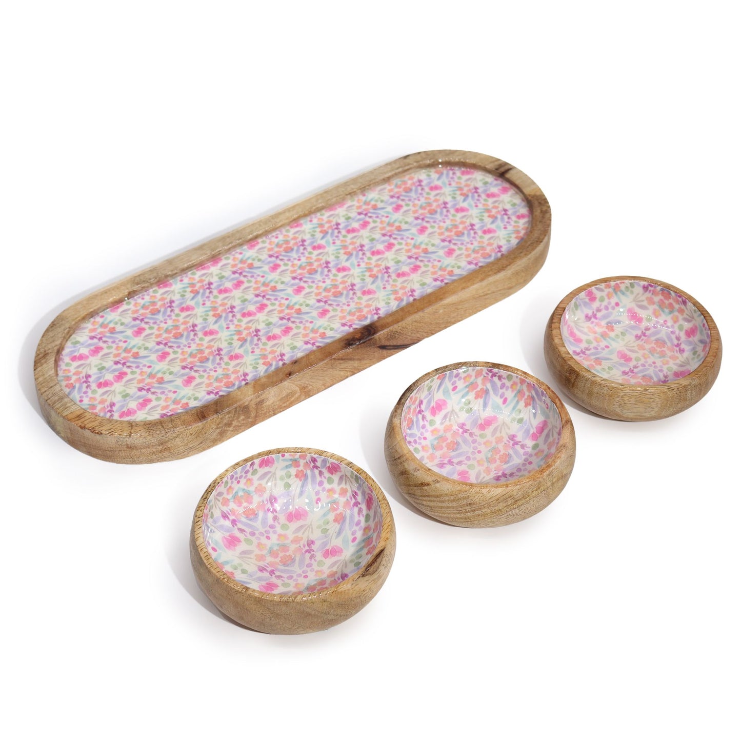 Servierset 'Pretty Floral' aus Mangoholz mit 3 Schalen