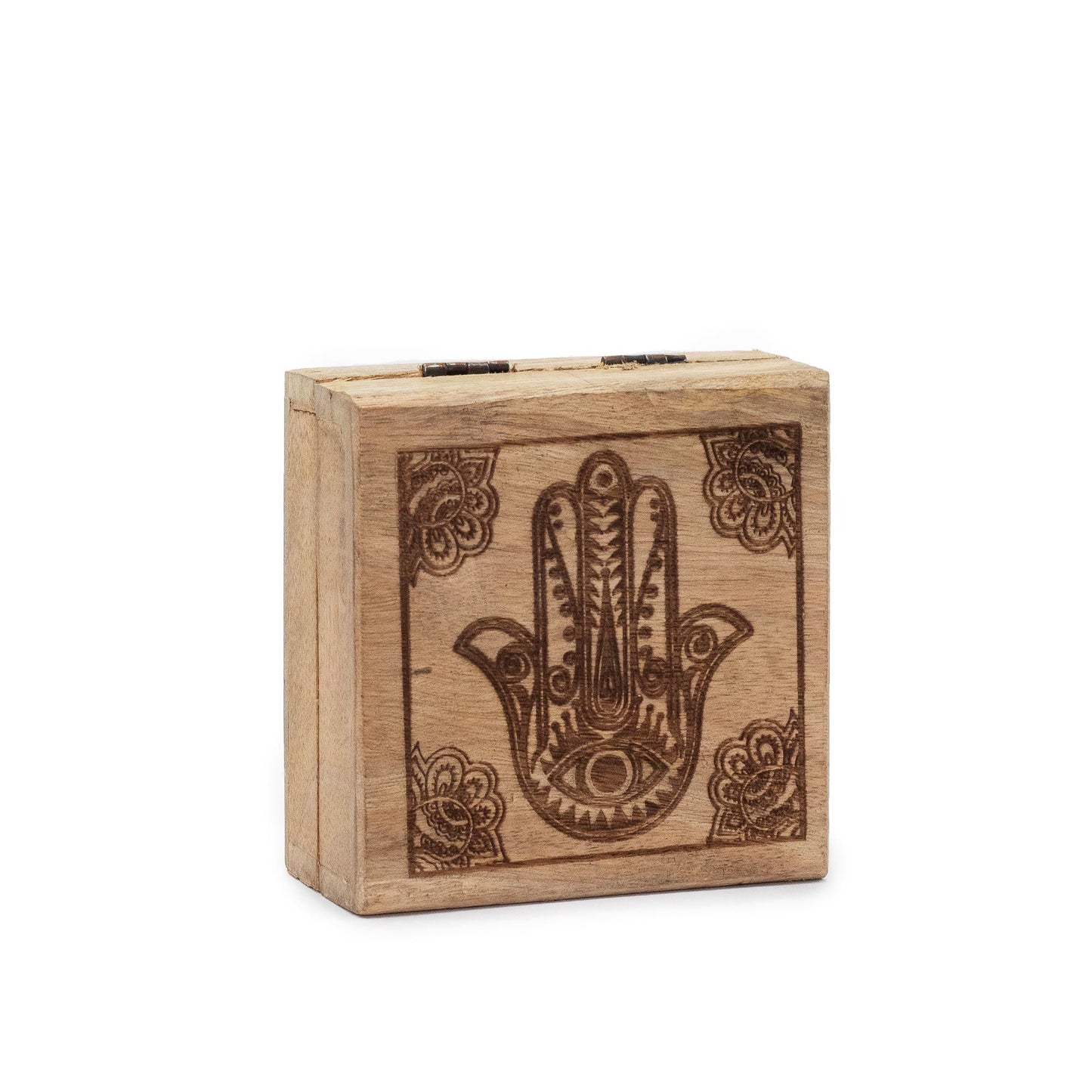 Quadratische Hamsa-Box aus Mangoholz | 10x10x4,2 cm | Schutzsymbol-Gravur in Schwarz