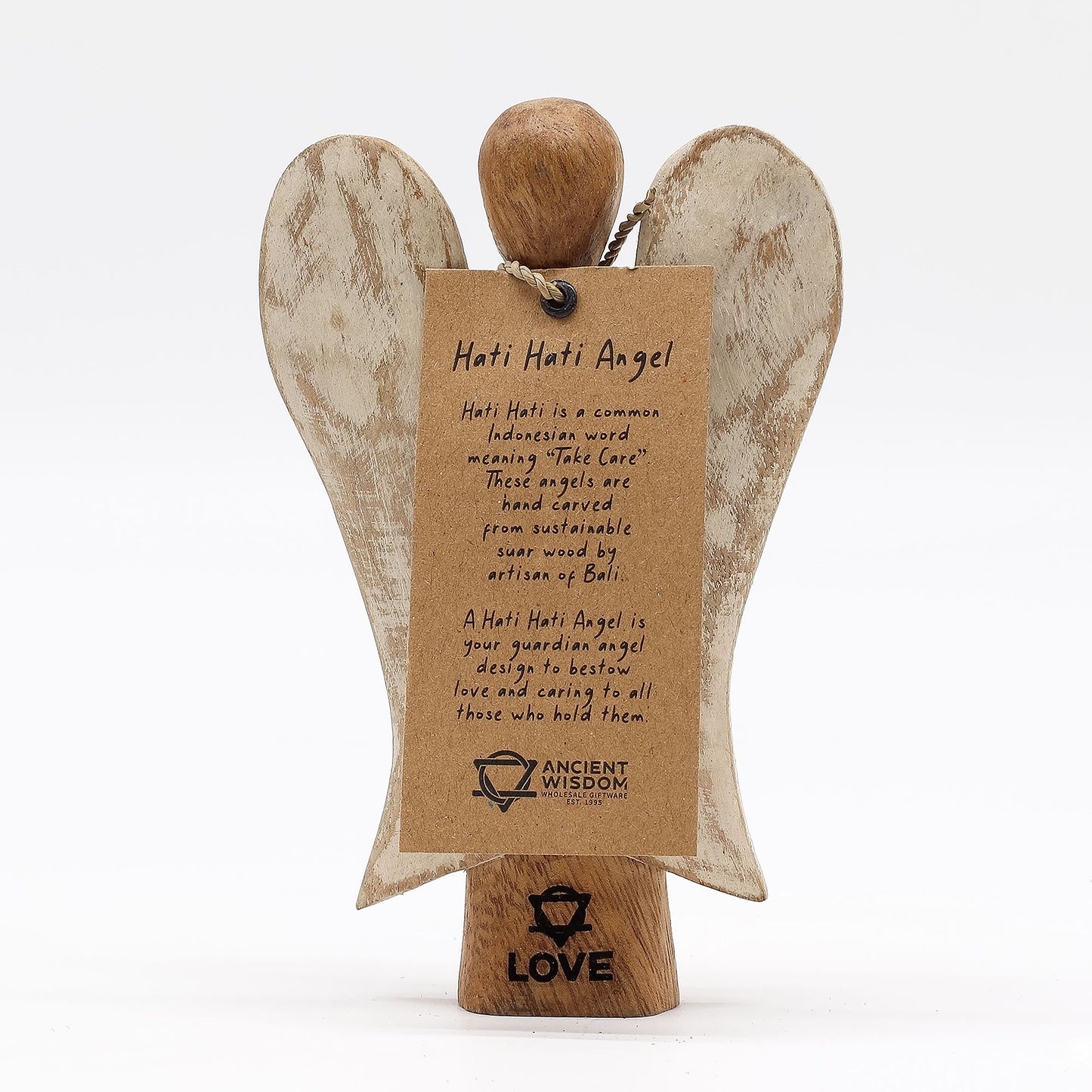 Engelsfigur 'Love' aus Suarholz – Handgeschnitzt mit der Botschaft 'Hati-Hati'