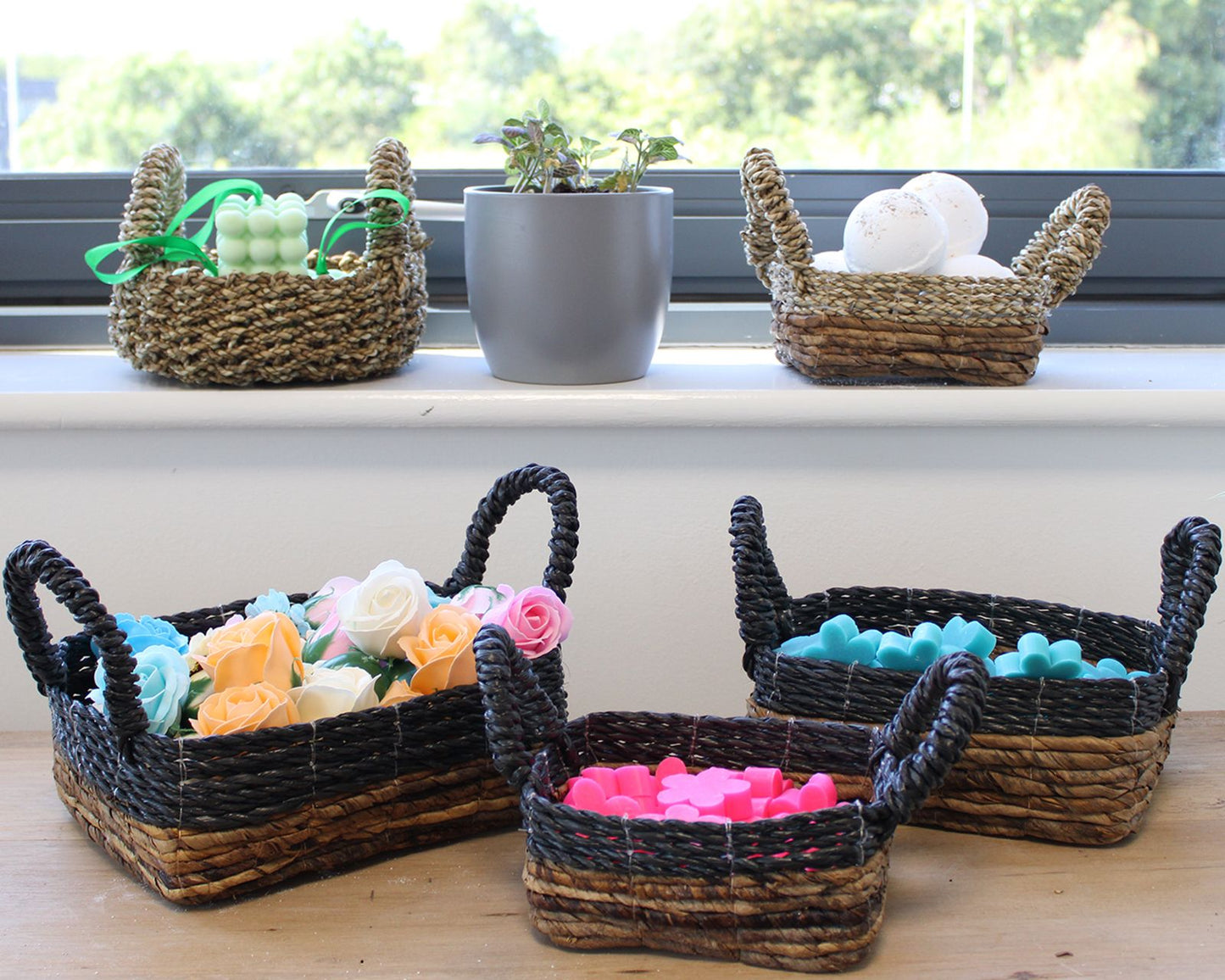 Set aus 3 quadratischen Körben aus Bananenblatt & Raffia – Handgeflochten, 27x21x18 cm