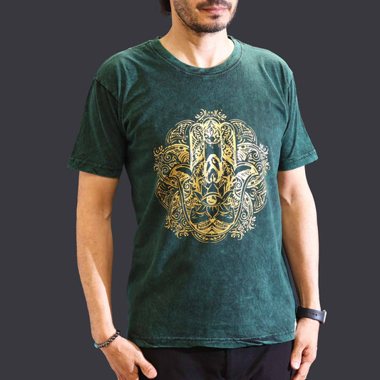 Hamsa T-Shirt in Grün – Steinwäsche-Basic mit Symbolkraft