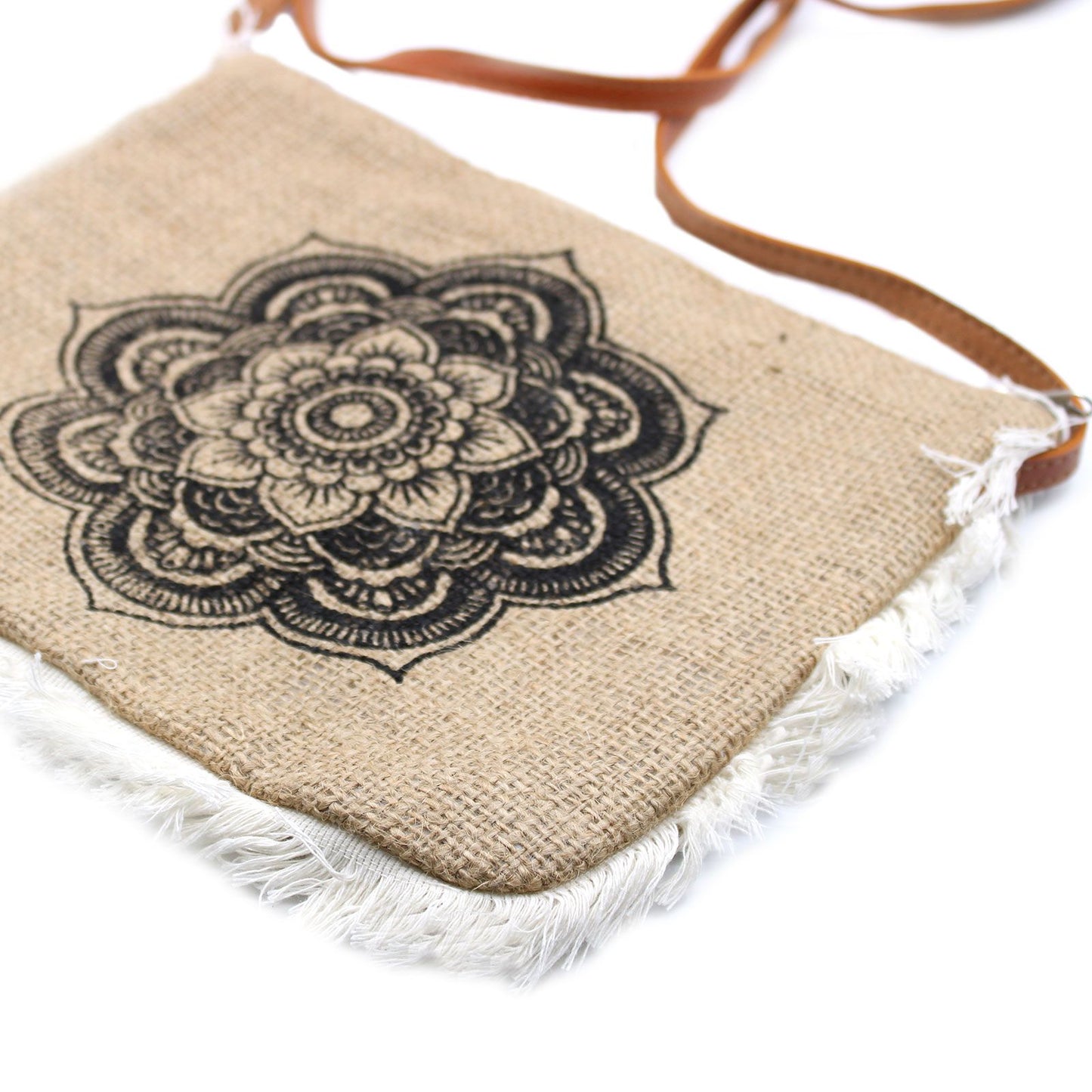 Mandela-Motiv Jutetasche mit Fransen – Handgestickter Naturlook