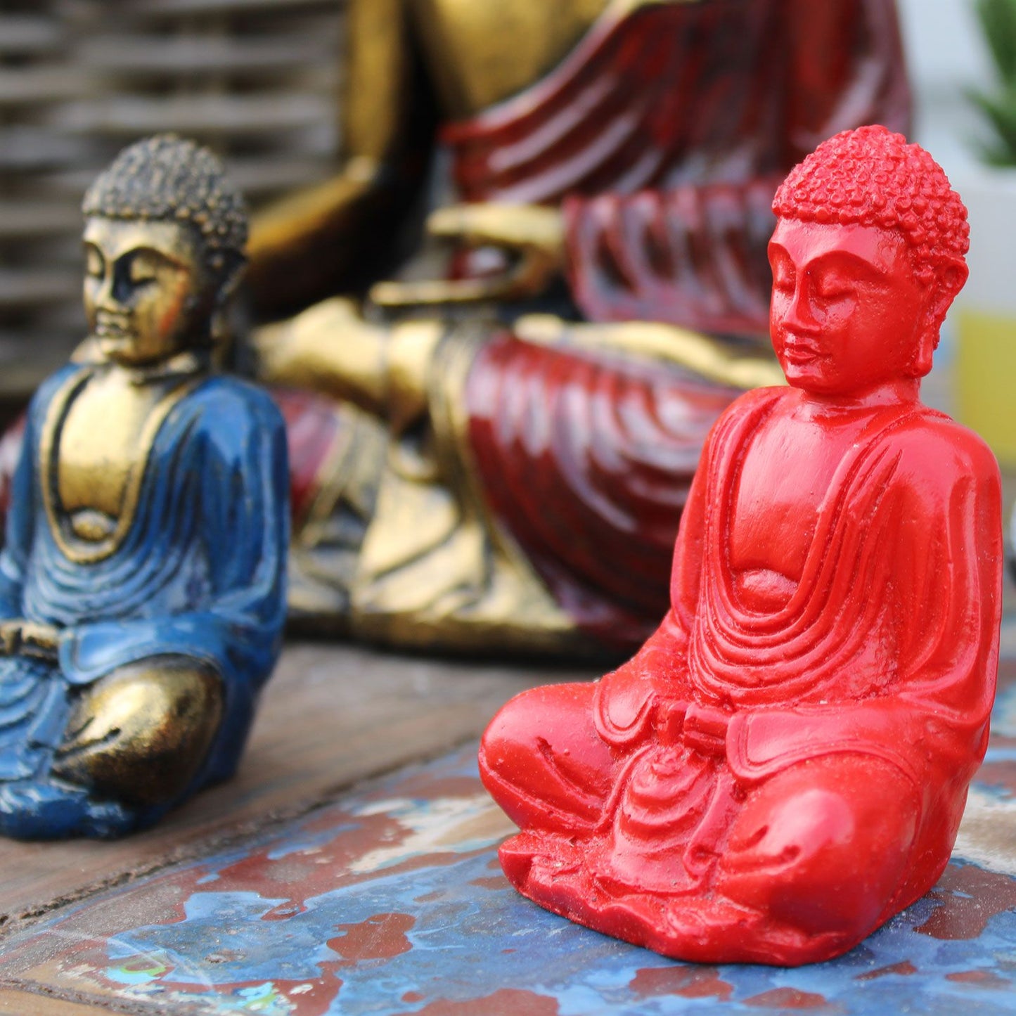 Set mit 6 Mini-Buddha Figuren in Matt-Optik (Farbmix) – Handbemalt für Meditation & Deko