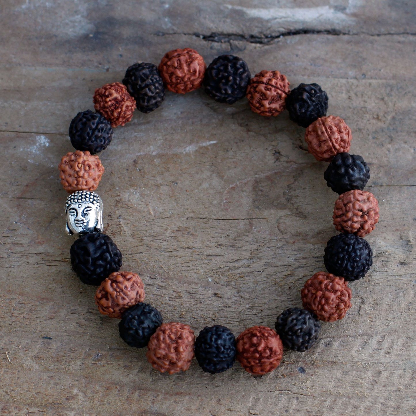 Rudraksha Buddha Armband-Mala - Natürliches Holzperlen-Mix Design