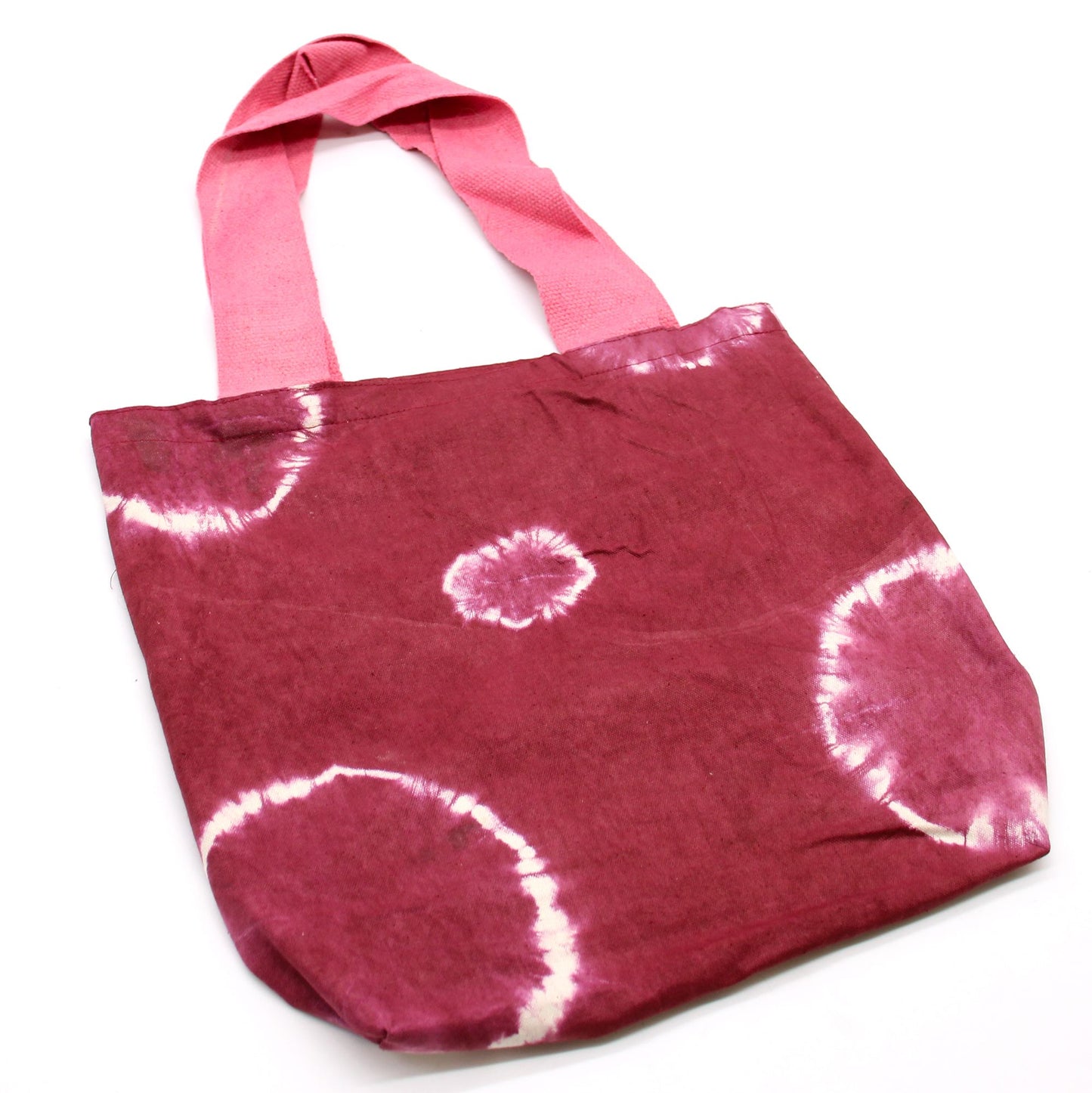 Handgefertigte Batik-Tasche in Maroon-Ringoptik mit Pinkem Griff