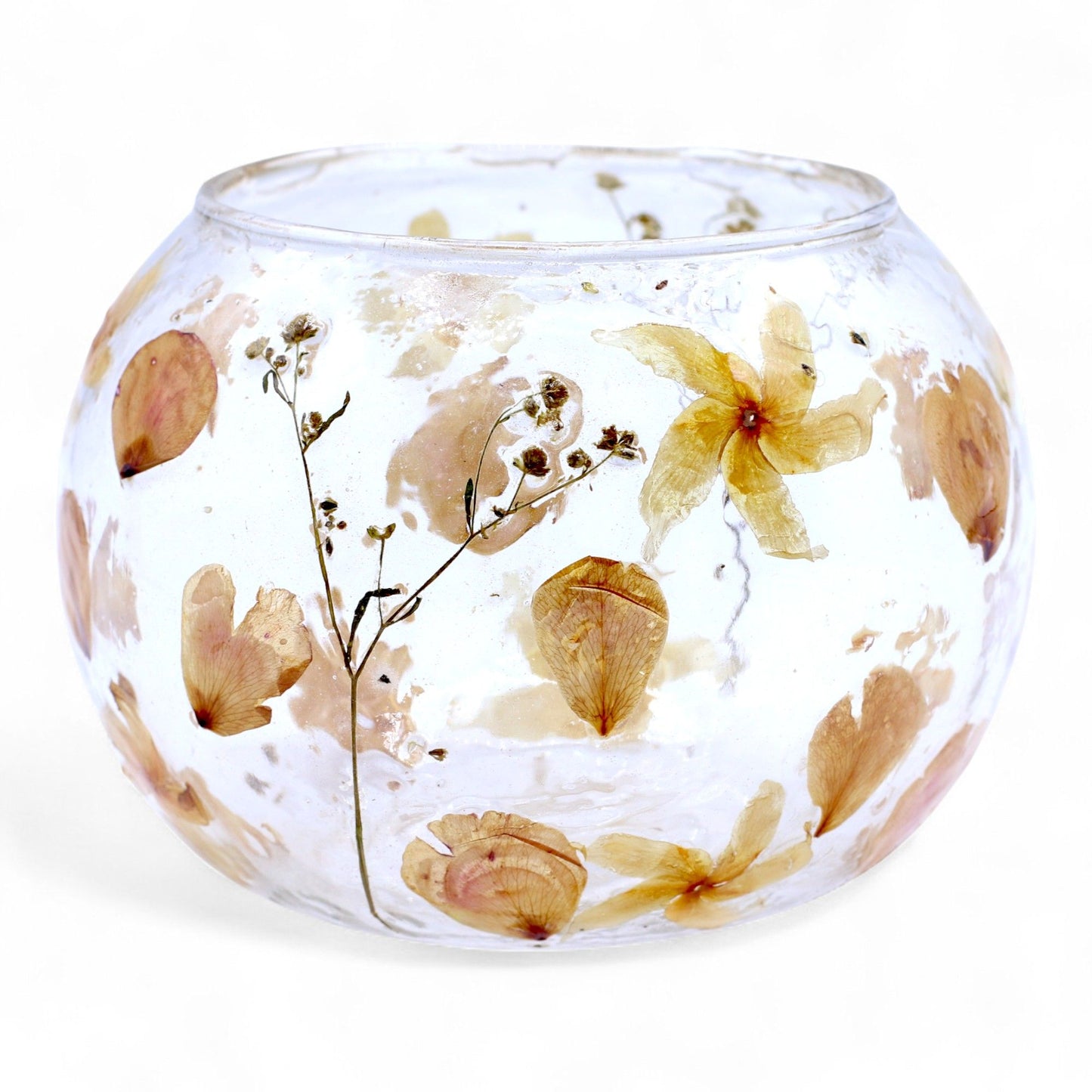 Große Blumenschale aus recyceltem Glas - Kerzenhalter in Rosa mit echten Blüten