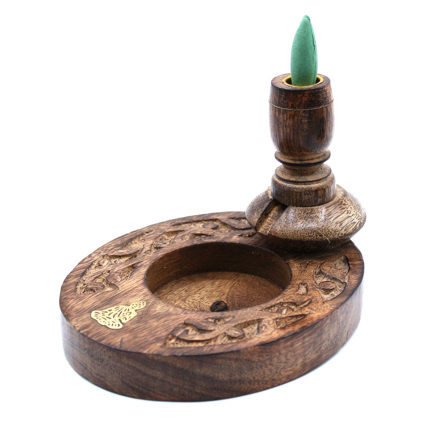 Räuchergefäß aus Mangoholz mit Buddha-Applikation - Rücksog-Effekt