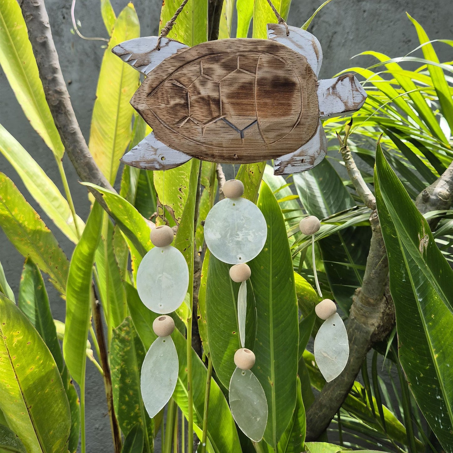 Windspiel mit weißer Schildkröte & natürlichen Capiz-Muscheln