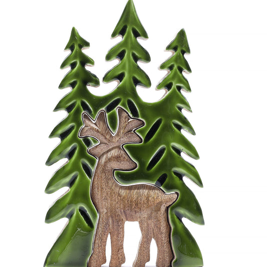 Majestätischer Hirsch im Wald – 3D Wanddekoration aus Mangoholz