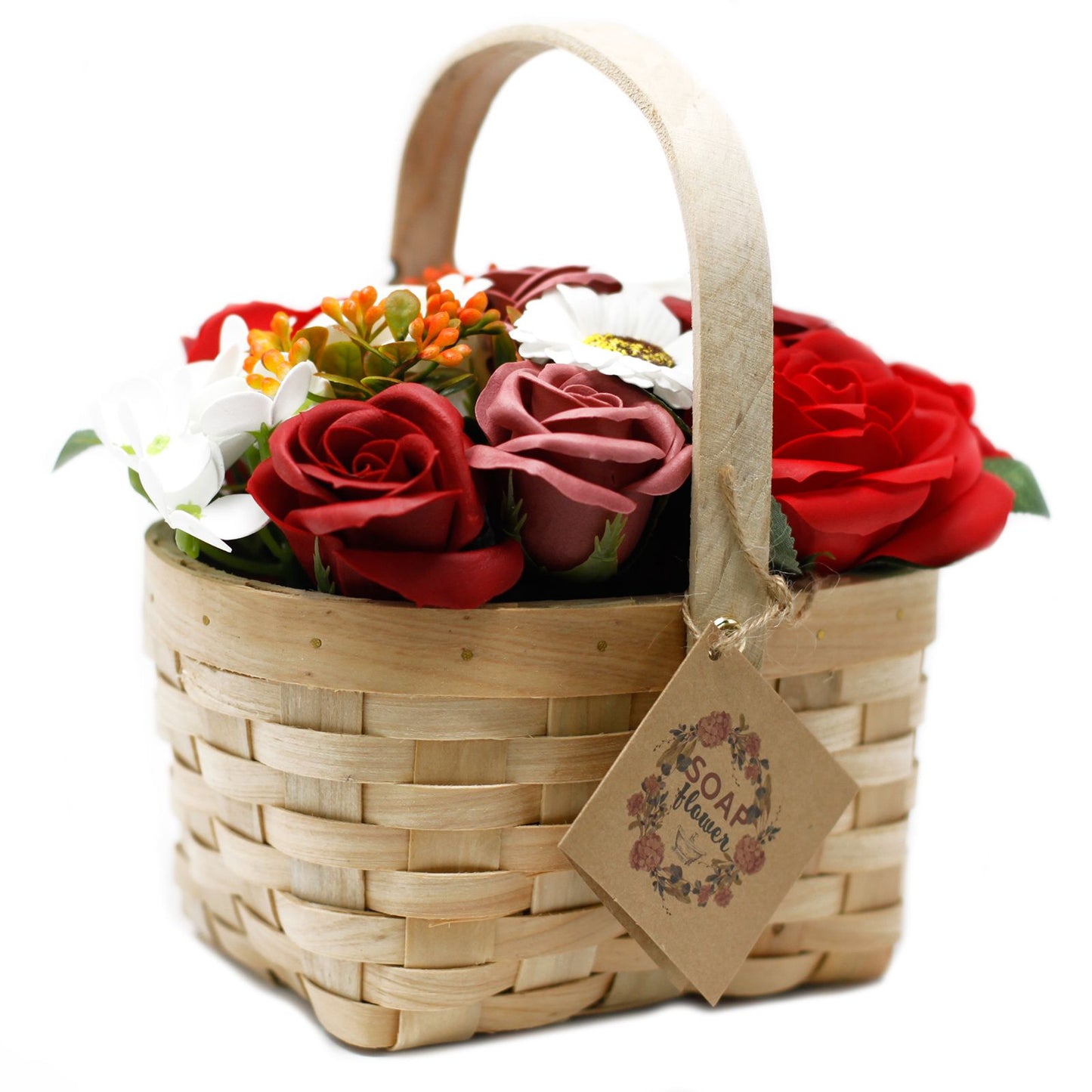 Seifenrosen-Bouquet 'Grand Rouge' im rustikalen Weidenkorb