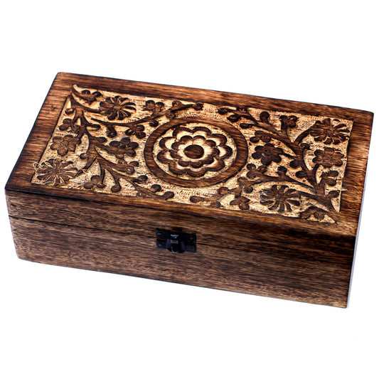 Mangoholz-Box mit floraler Schnitzerei für 32 ätherische Öle