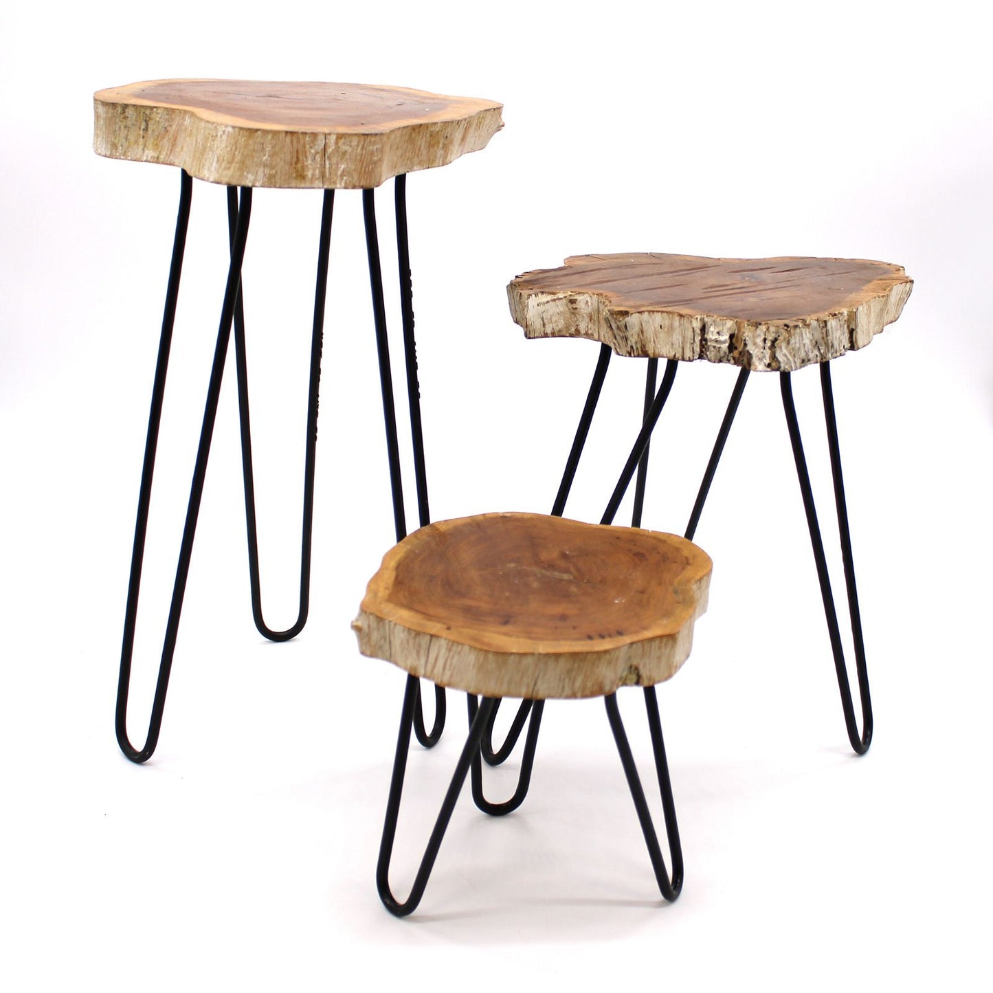 Set aus 3 Pflanzenständern aus Gamal-Holz mit Weißlasur und Haarnadelbeinen