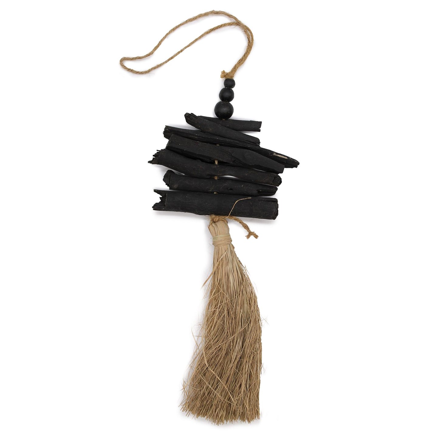 Handgefertigte Raffia-Quaste mit Strandholz, 42 cm - Natürliche Wanddekoration