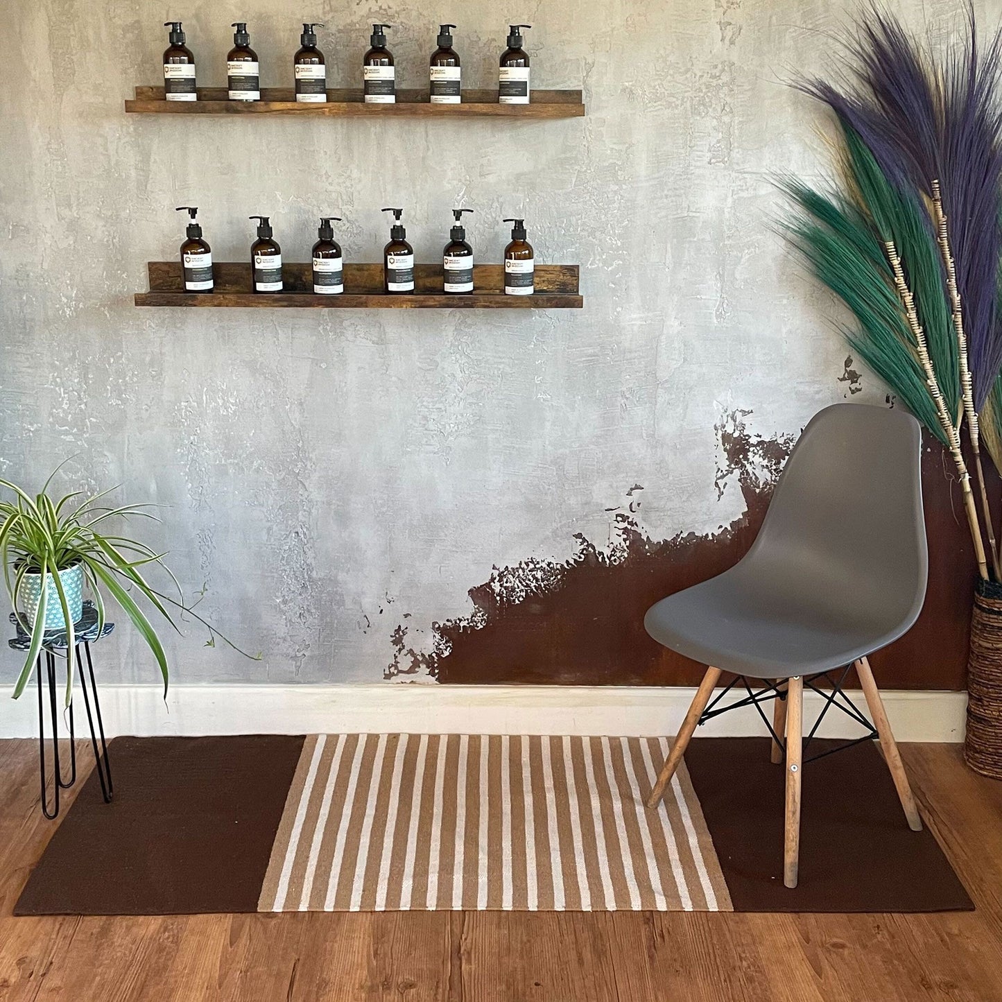 Handgewebter Baumwollteppich in Dunkelbraun-Beige | 70x170 cm