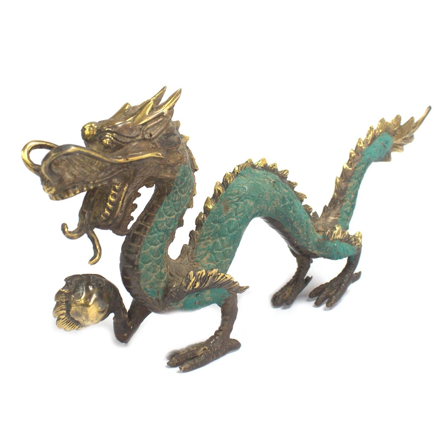 Handgefertigter Fengshui-Drache mit Glückskugel aus Messing - 27 cm