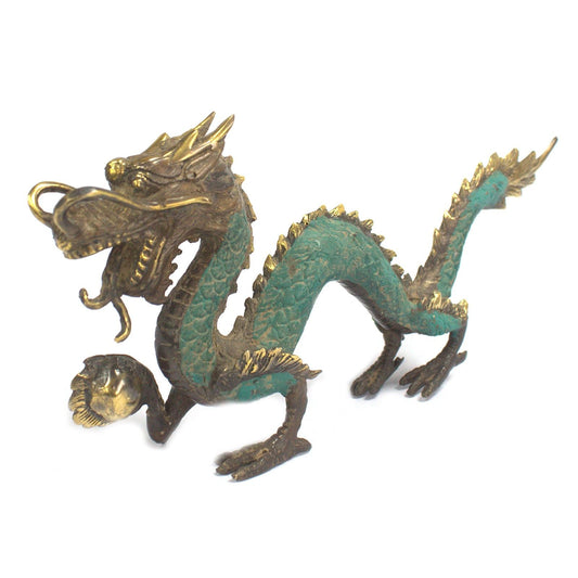 Handgefertigter Fengshui-Drache mit Glückskugel aus Messing - 27 cm
