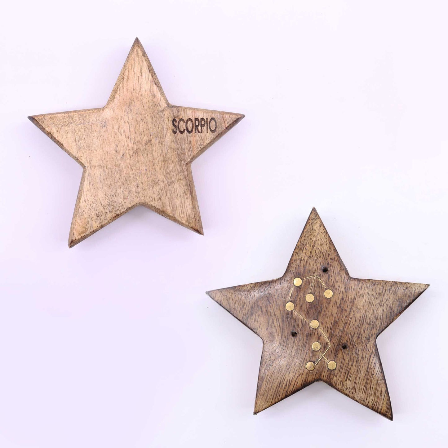 Set mit 12 Sternzeichen-Räuchersternen aus Mangoholz und Messing