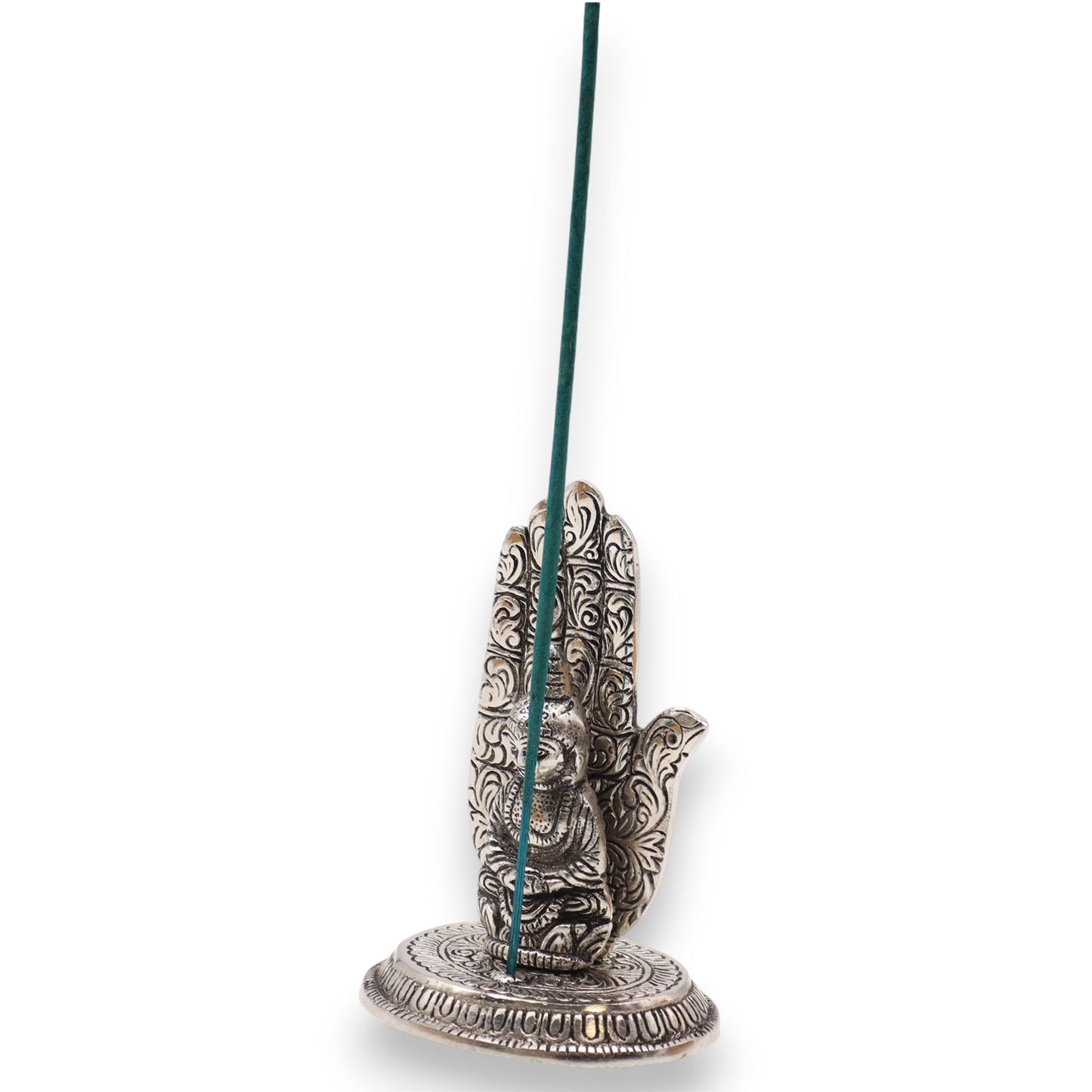 Räucherstäbchenhalter 'Buddha-Hand' aus poliertem Aluminium – 13 x 9 cm