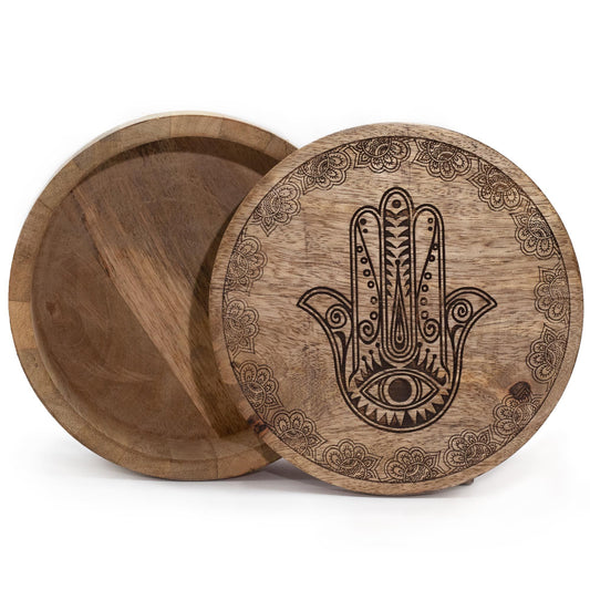Rundbox mit Hamsa-Gravur aus Mangoholz - 17,5 cm Durchmesser, schwarz