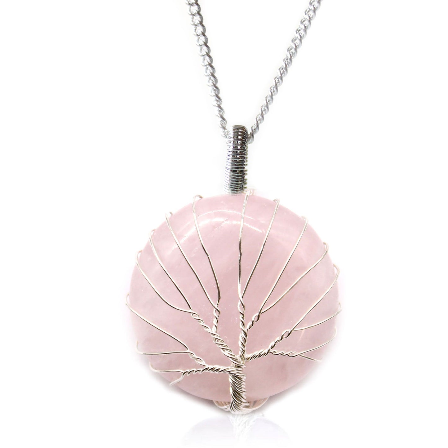 Lebensbaum Anhänger aus Rosenquarz - Versilberte Halskette mit Herzchakra-Stein