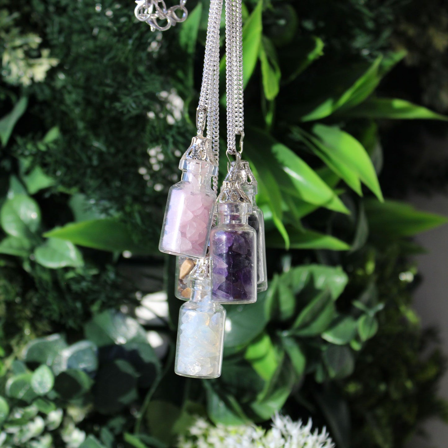 Amethyst Flaschenanhänger Kette - Versilbert mit Naturstein