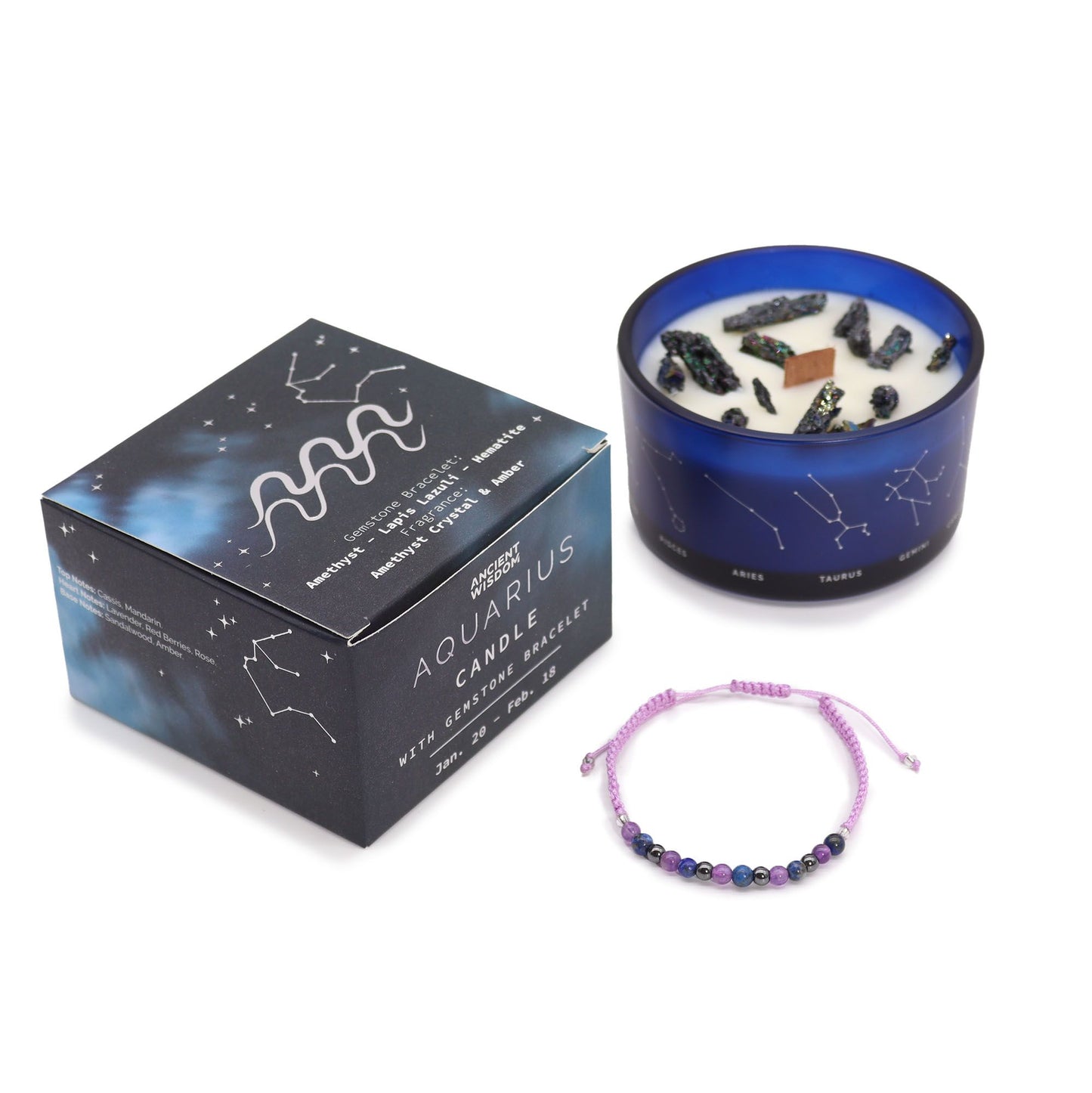 Kristallkerze Wassermann mit Edelstein-Armband – Set für Inspiration & Entspannung
