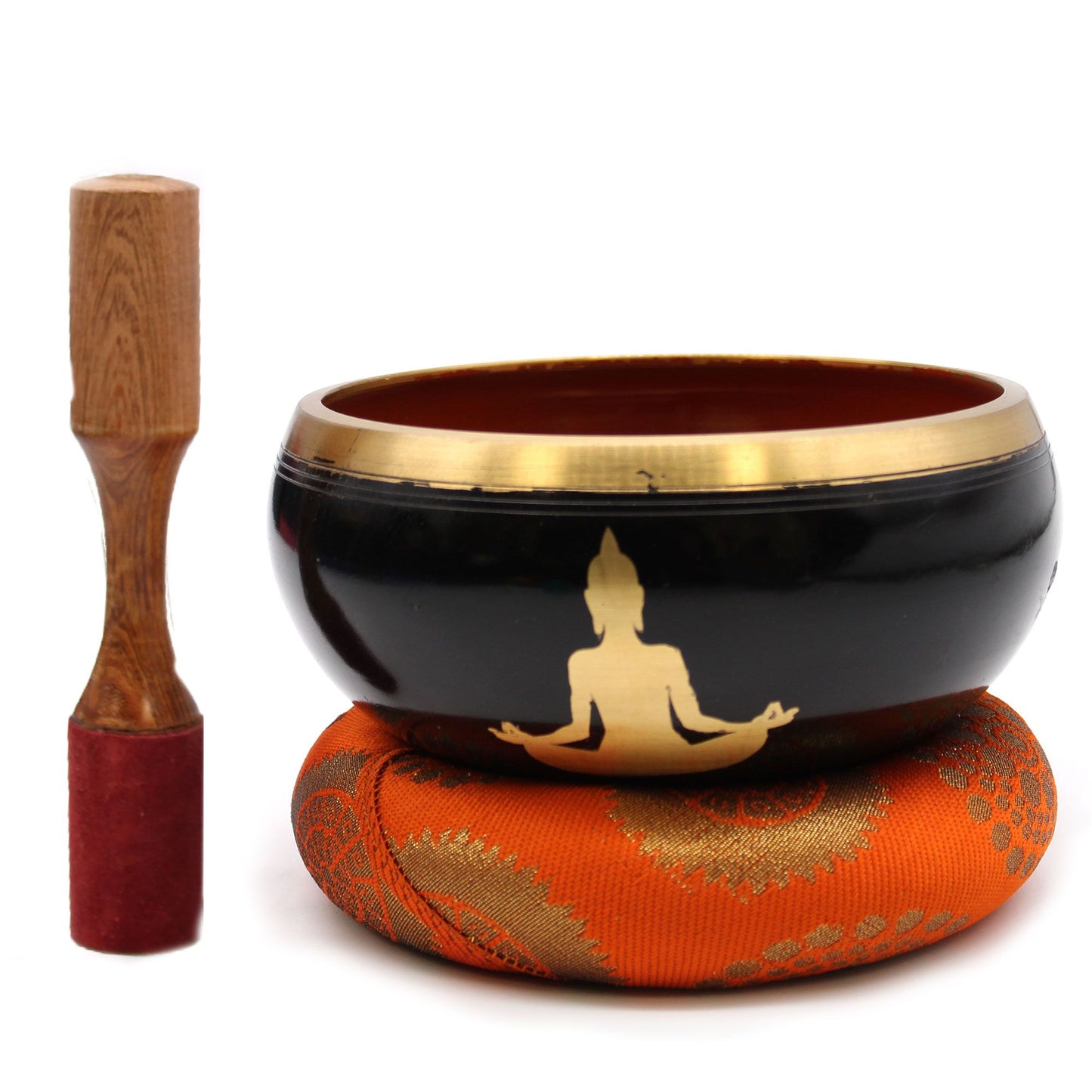 Klangschalen-Set Buddha in Schwarz-Orange, 14 cm (2-tlg.) – Handgefertigt aus Messing