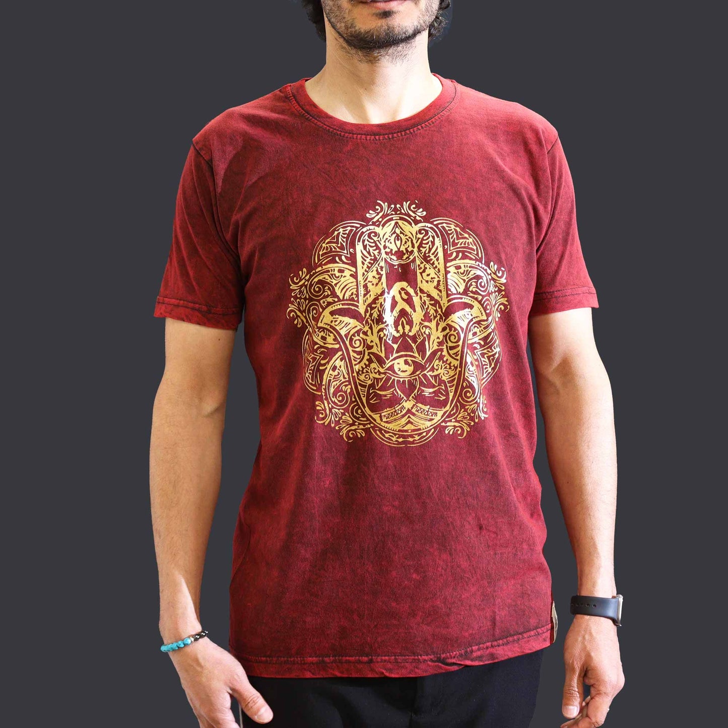 Hamsa Schutzhand T-Shirt in Maroon – Vintage-Look aus steingewaschener Baumwolle