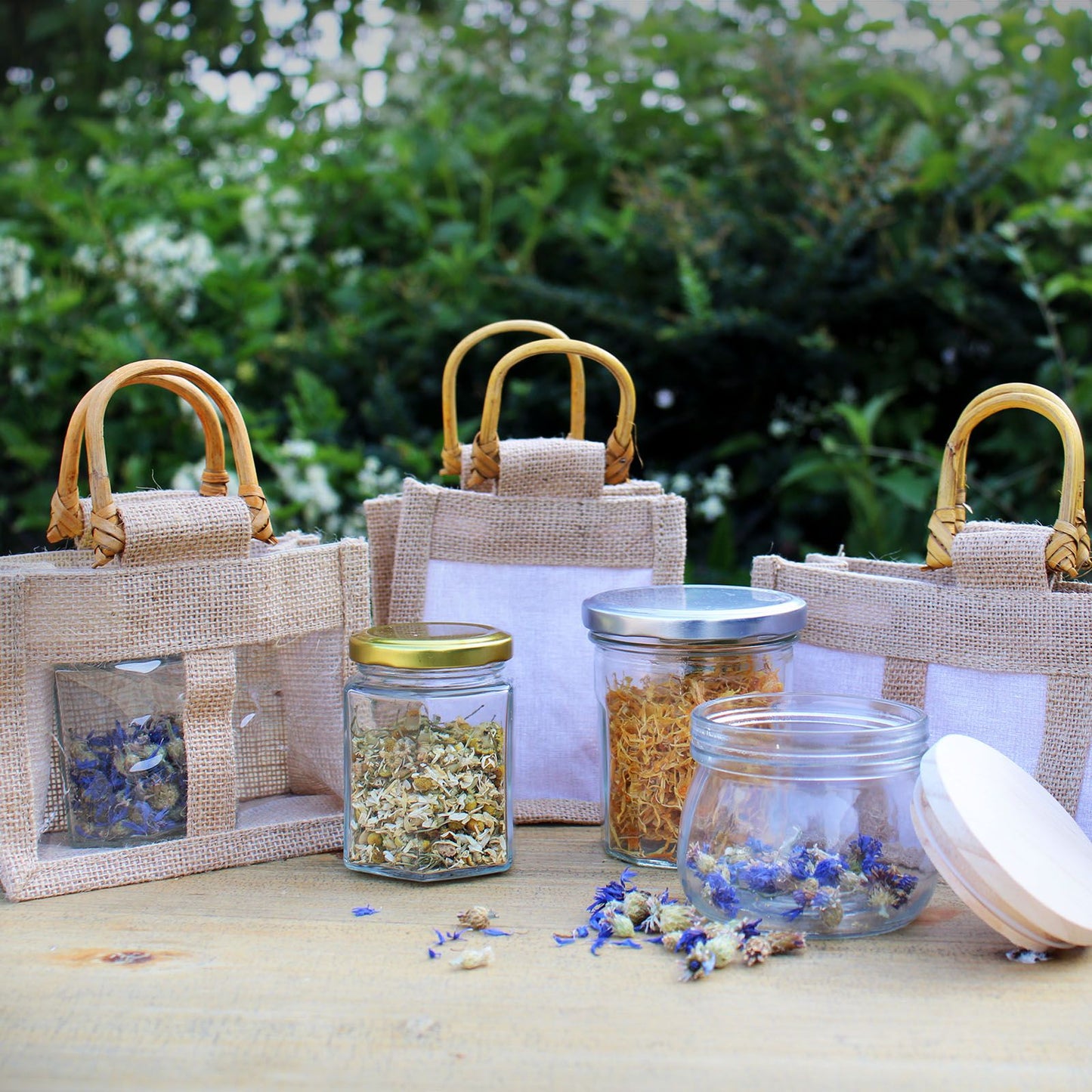 Set mit 3 Jute-Geschenkbeuteln mit Sichtfenstern