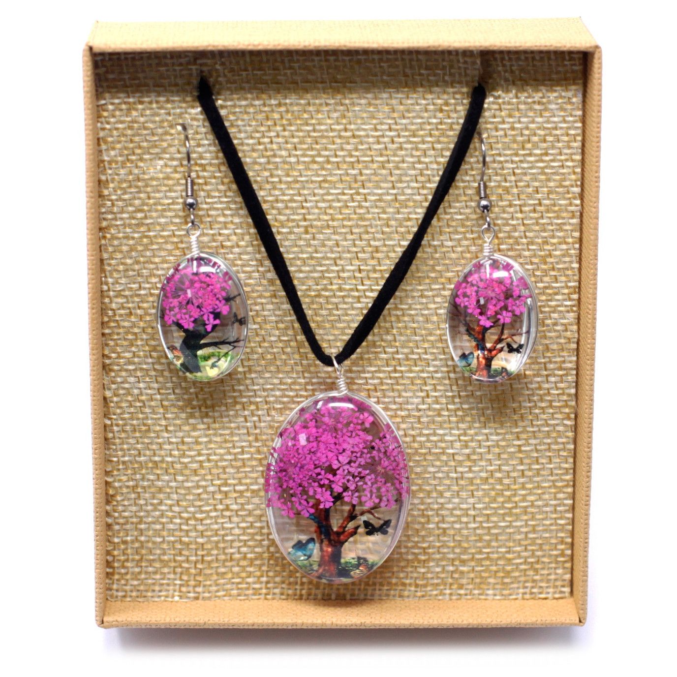 Schmuckset Baum des Lebens in Zartrosa – Halskette & Ohrringe mit echten Blüten