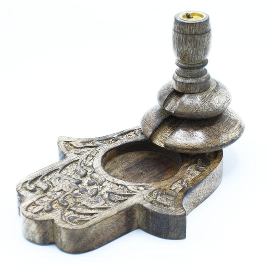 Räuchergefäß Hamsa aus Mangoholz mit Rauchwasserfall-Effekt