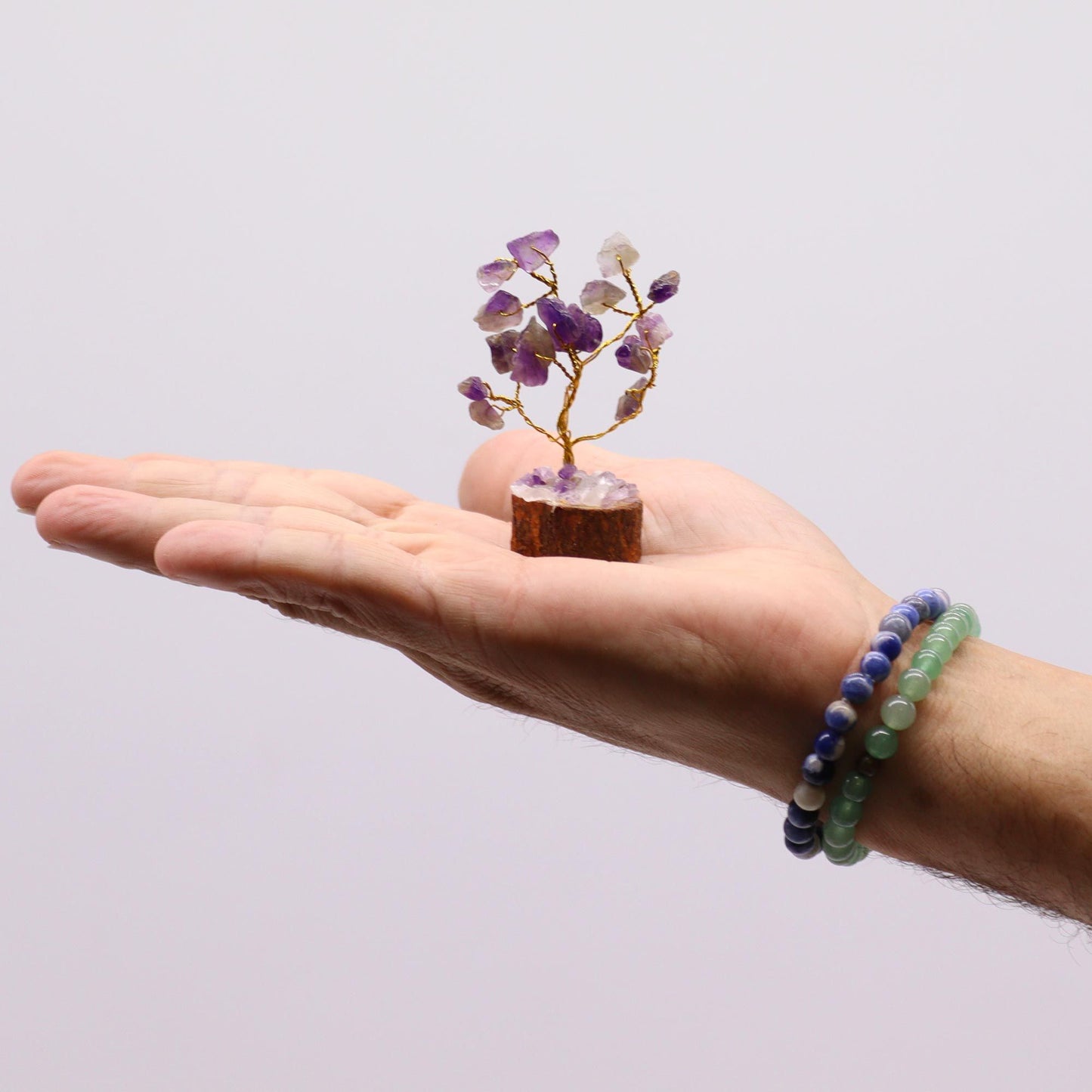 Miniatur-Kraftbaum aus Amethyst auf rustikalem Holzständer
