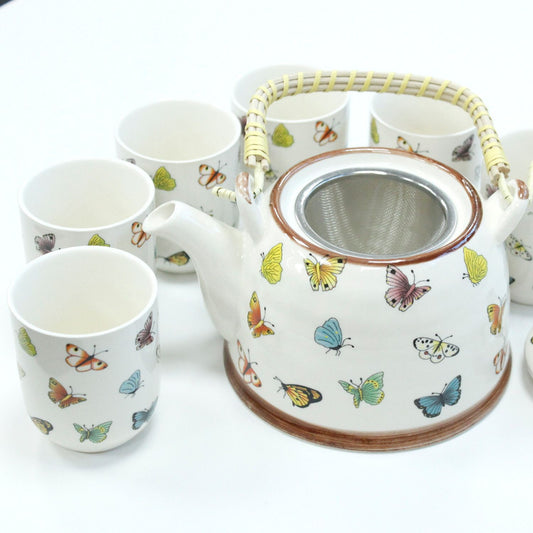 Keramik-Teekanne 'Butterflies' mit 6 Tassen – Set für losen Tee