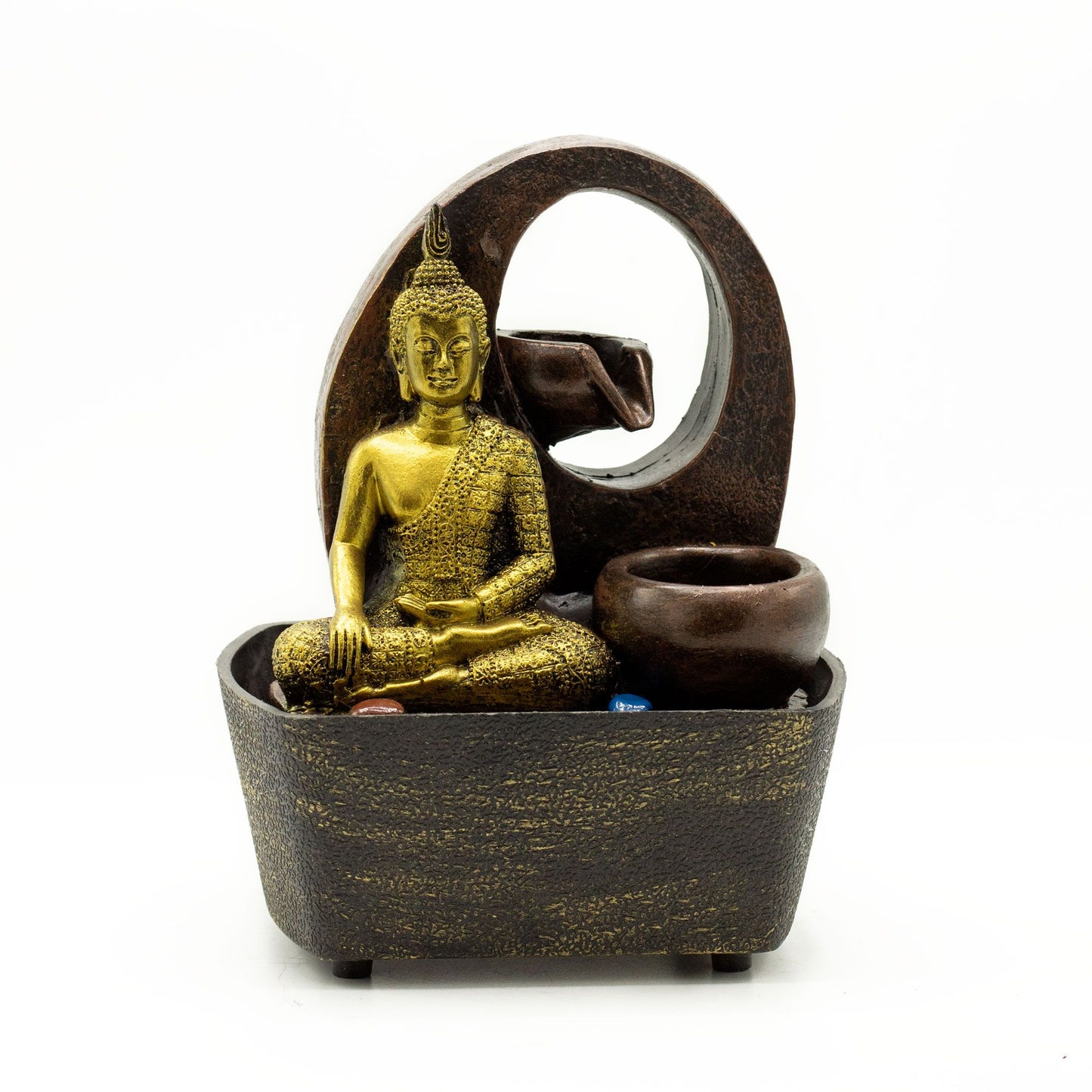Tischbrunnen 'Goldener Buddha' mit Wasserspiel – 21,5 cm aus Polyresin