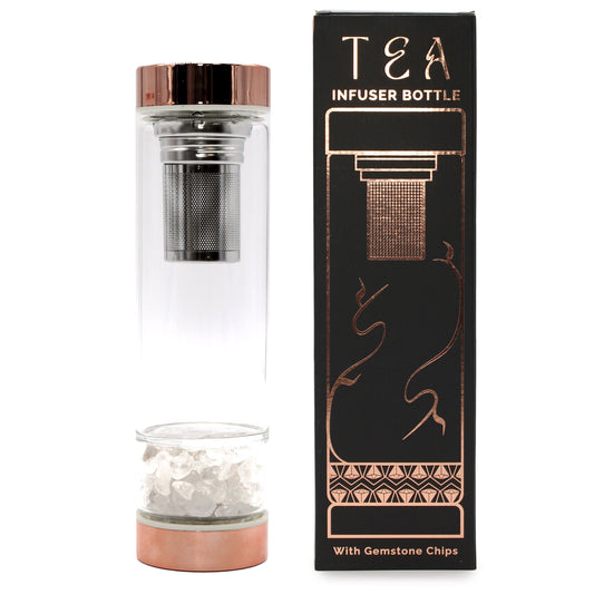 Kristallglas Teeflasche mit Infuser & Rosenquarz-Dekor – Roségold