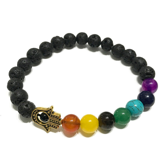 Hamsa Chakra Armband aus Lavastein mit Edelsteinen