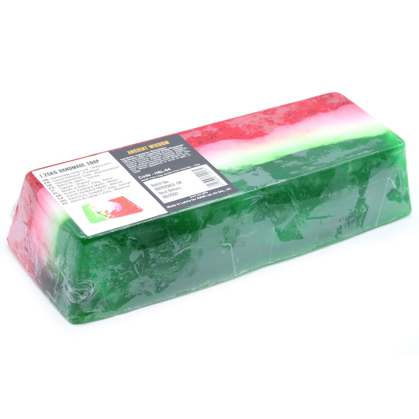 Handgeschnittene Seifenstange Wassermelone – Sanftes Peeling mit Mohnsamen