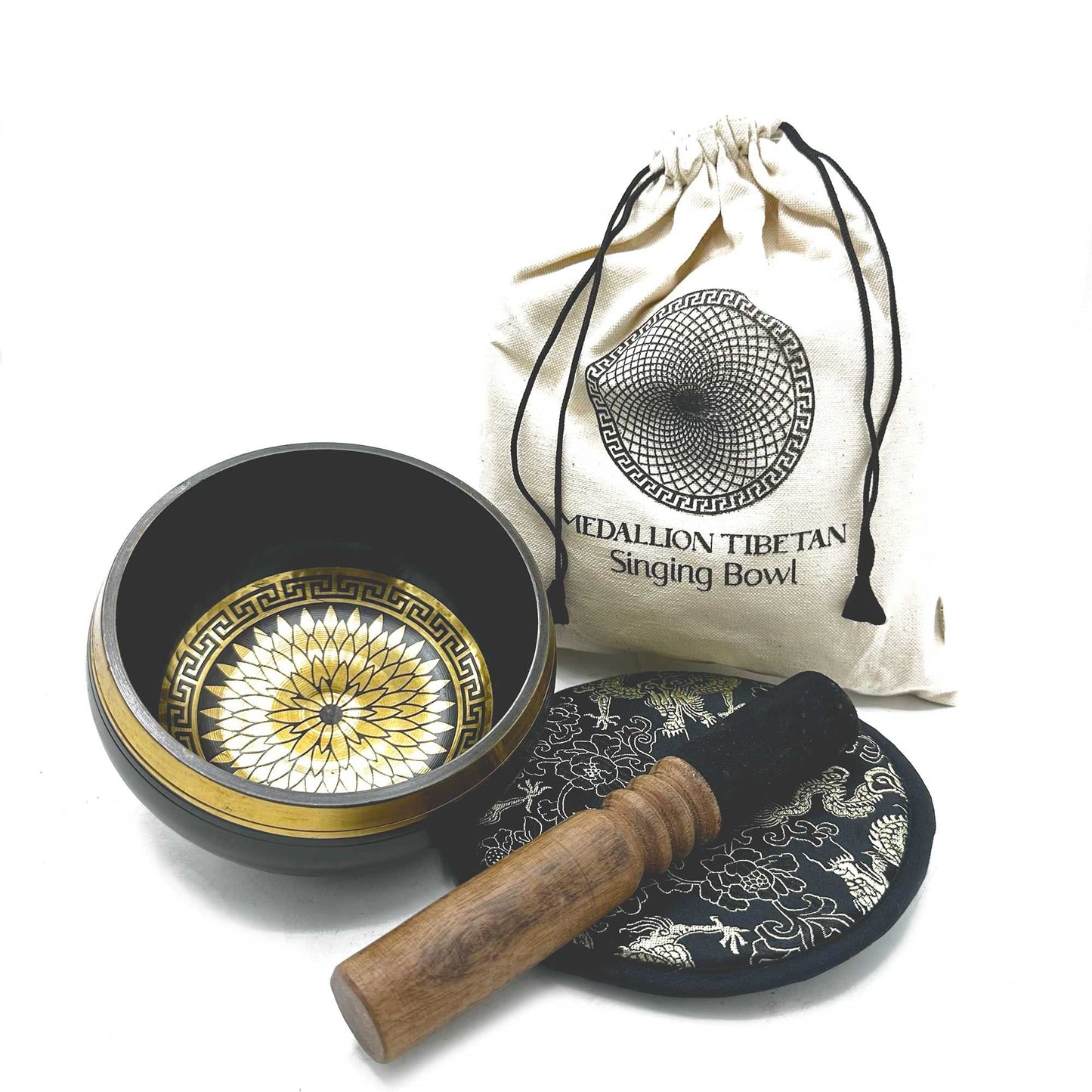 Meditatives Klangschalen-Set mit Mandala-Gravur – 14 cm Messing inkl. Zubehör