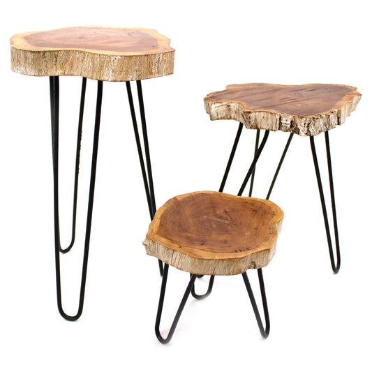Set aus 3 Pflanzenständern aus Gamal-Holz mit Weißlasur und Haarnadelbeinen