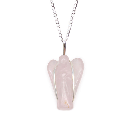 Handgefertigter Schutzengel-Anhänger aus echtem Rosenquarz mit Kette
