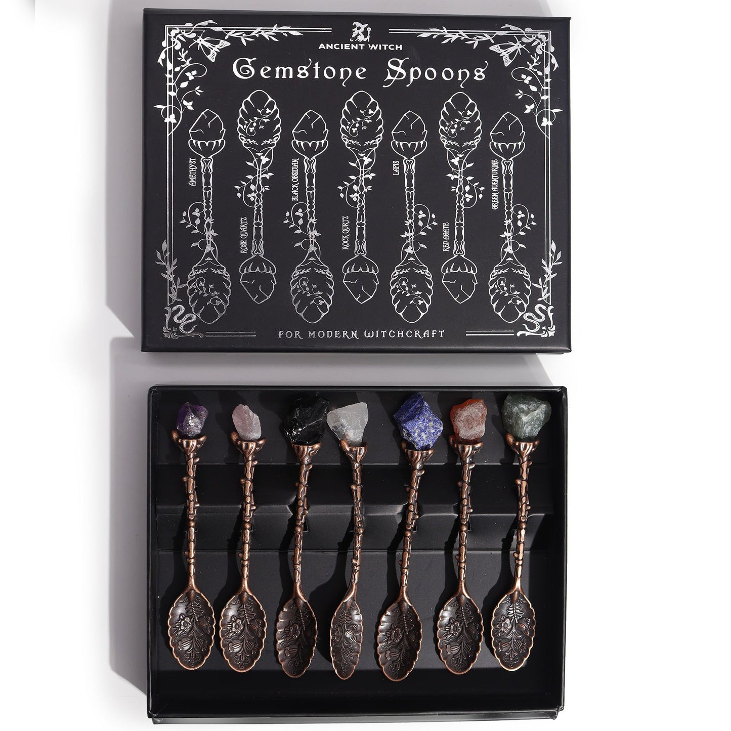 Set mit 7 bronzefarbenen Ritual-Löffeln mit echten Edelsteinen