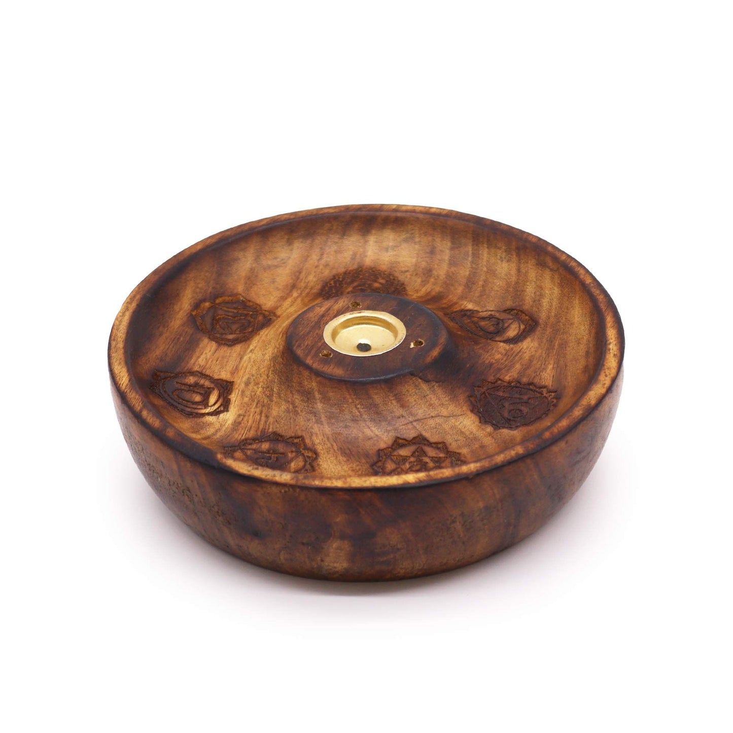 Räucherhalter aus Mangoholz mit 7-Chakra-Gravur – Für Stäbchen & Kegel