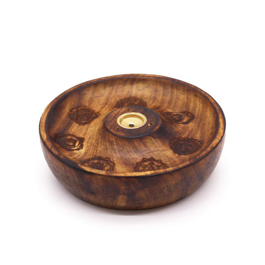 Räucherhalter aus Mangoholz mit 7-Chakra-Gravur – Für Stäbchen & Kegel