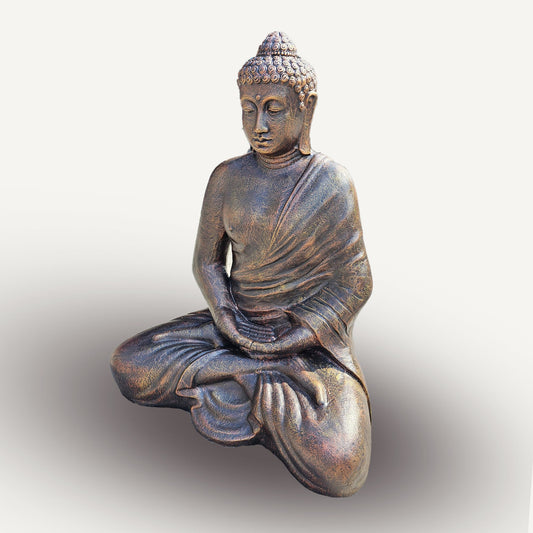 Monumentale Buddha-Statue in Antikgold – 96 cm Meditationsfigur aus Faserzement