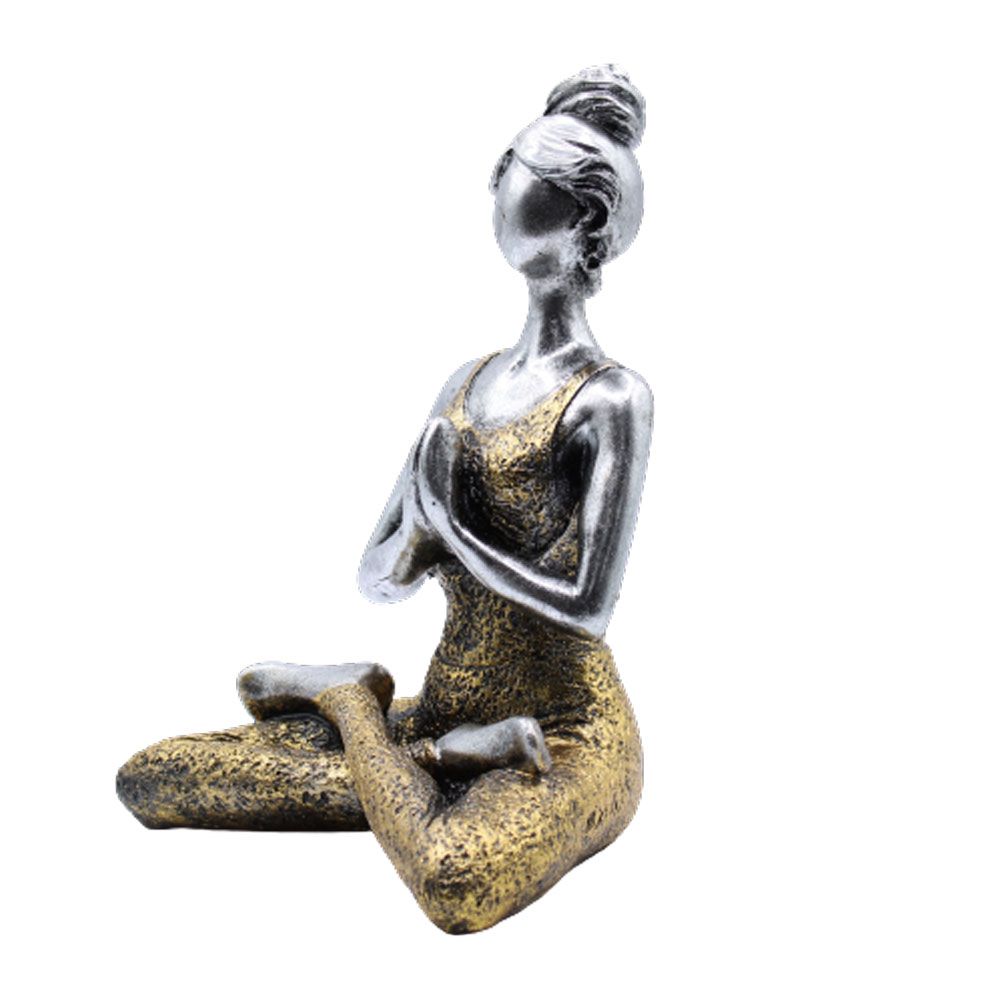 Yoga Lady Figur in Silber & Gold – Handgefertigte Resin-Zement-Dekoration