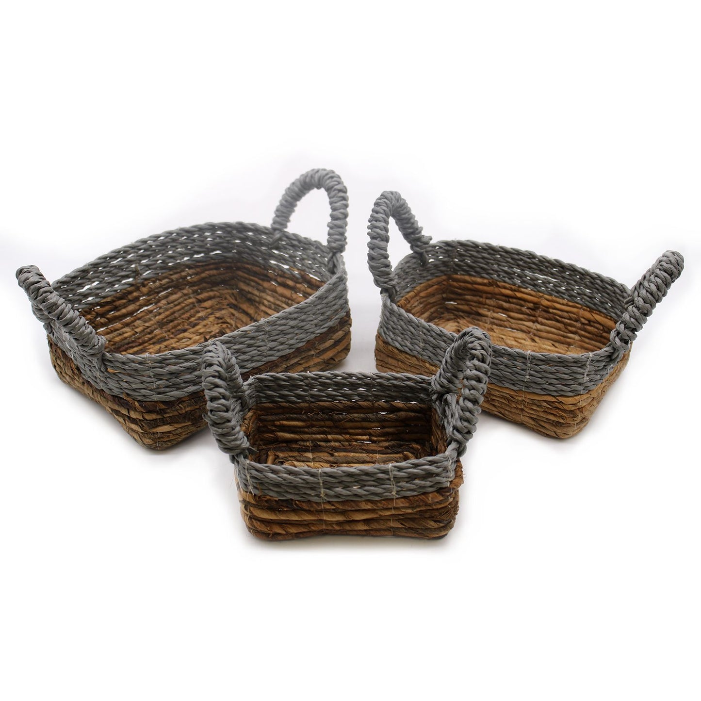 Set aus 3 quadratischen Körben aus Bananenblatt & Raffia – Handgeflochten, 27x21x18 cm