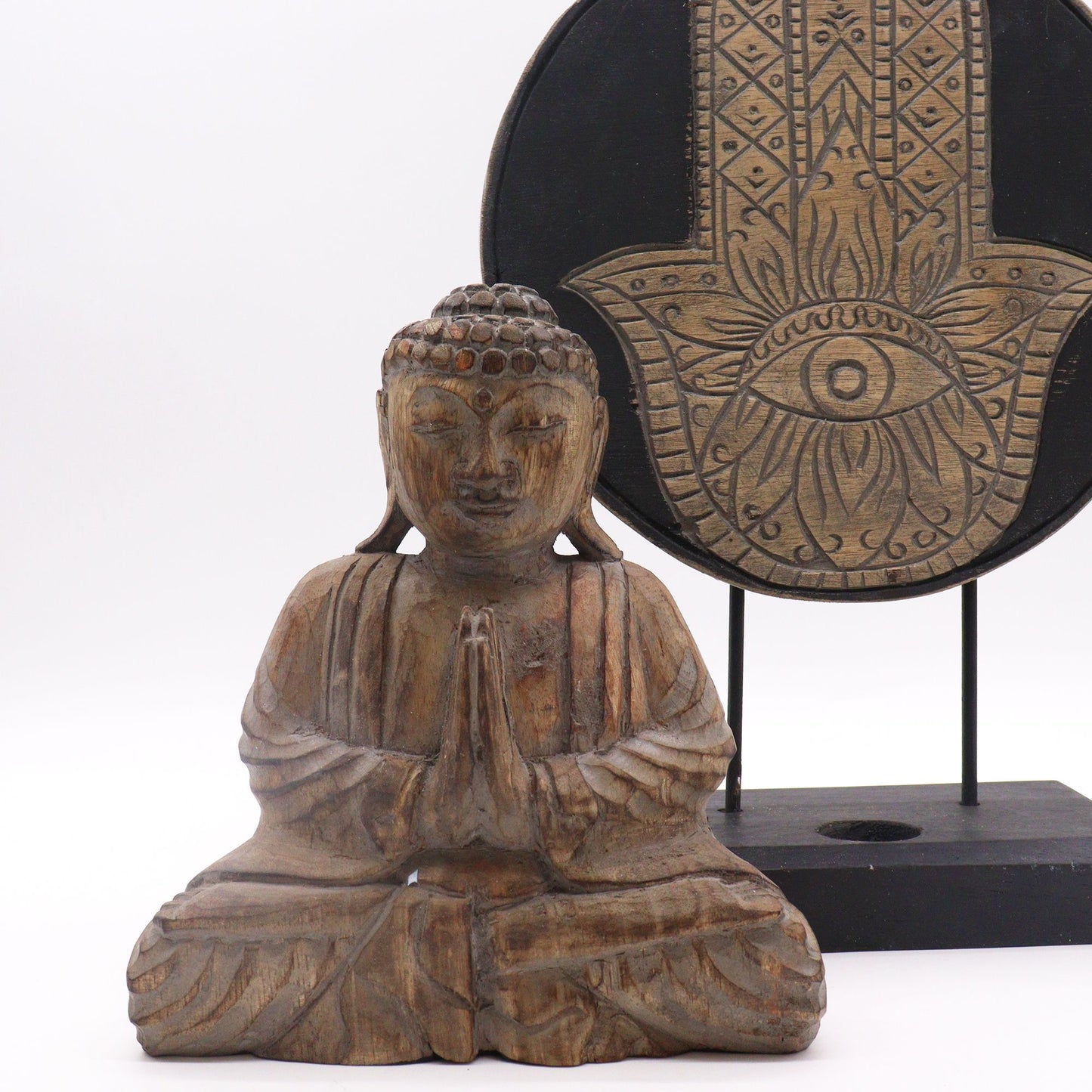 Feng Shui Set Buddha & Hamsa in Grau – Handgeschnitztes Holz-Dekor